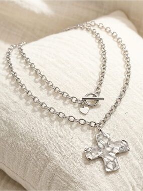 Sterling-Tone Hammered Cross Layered Necklace - Silver